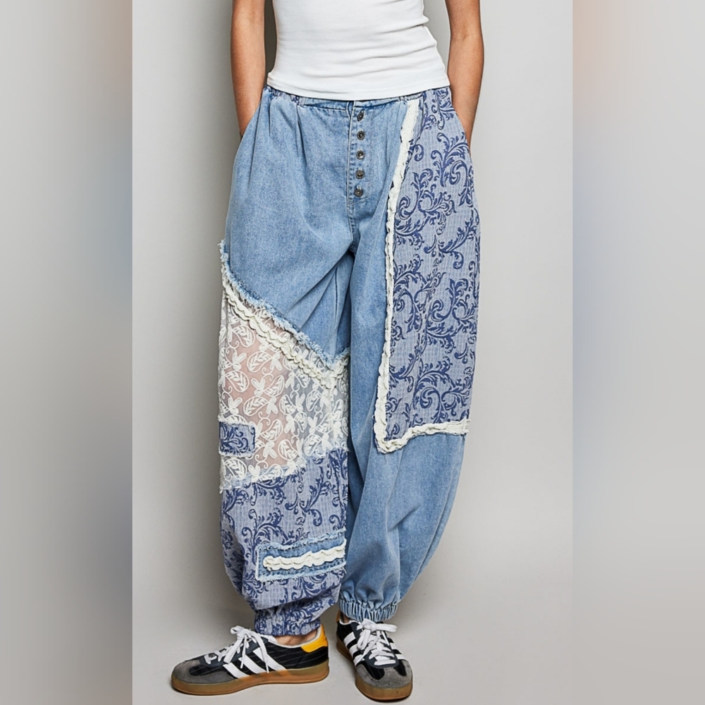 #1185 POL Blue Willow Patchwork Denim Pants